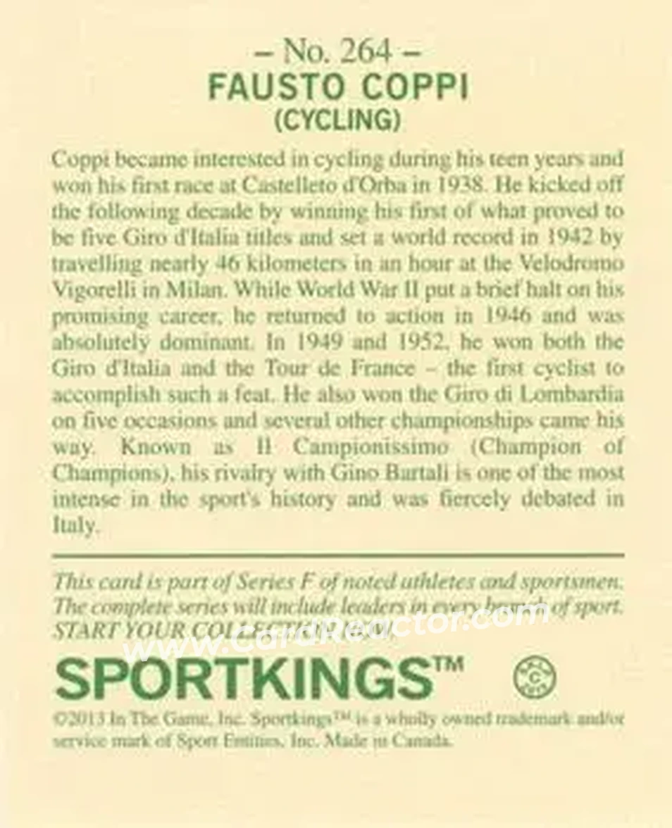 2013 Sportkings Series F #264 - Fausto Coppi - Back