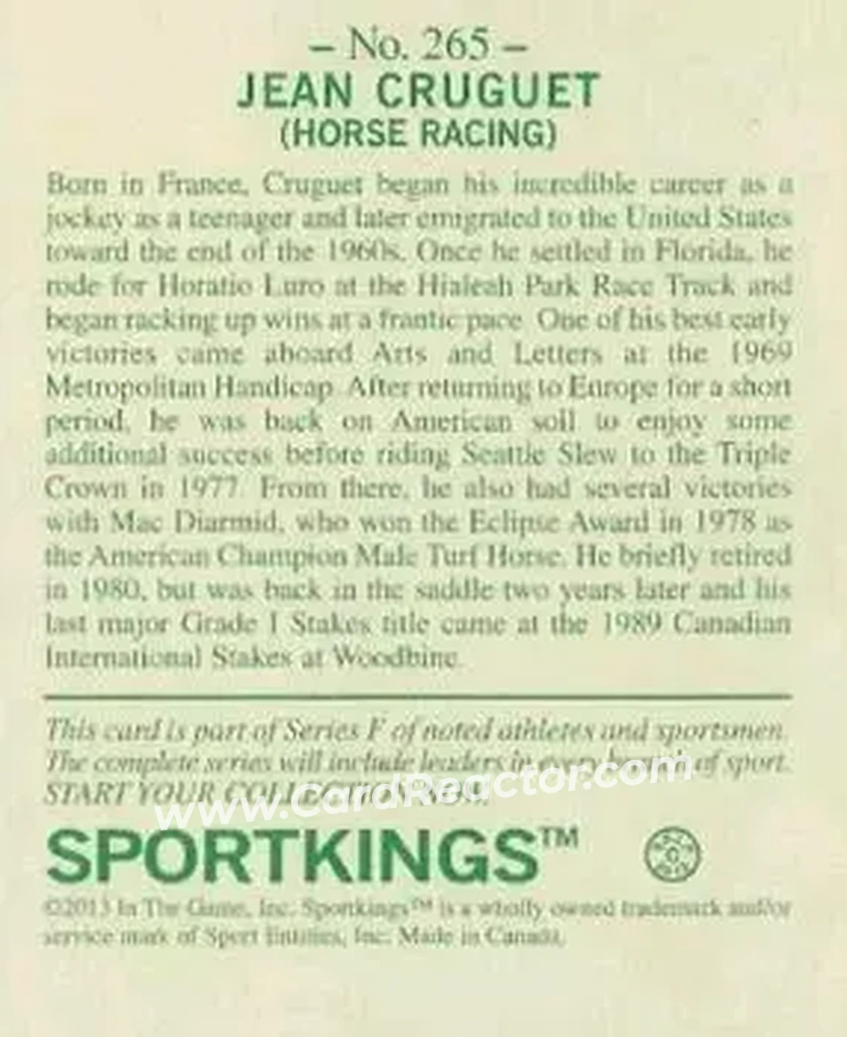 2013 Sportkings Series F #265 - Jean Cruguet - Back
