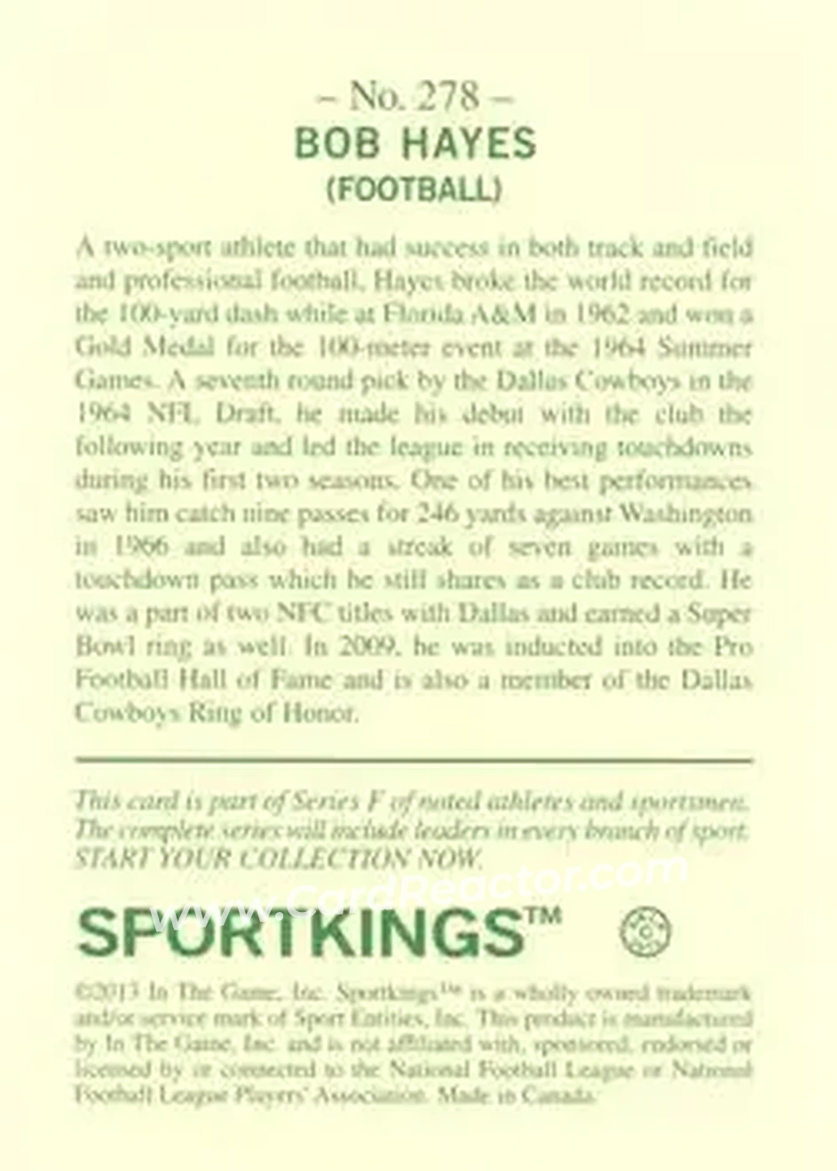 2013 Sportkings Series F #278 - Bob Hayes - Dallas Cowboys - Back