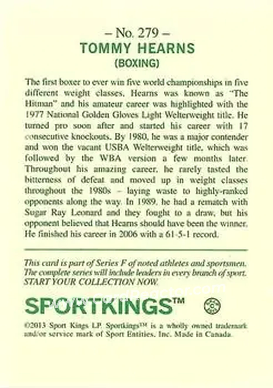 2013 Sportkings Series F #279 - Thomas Hearns - Back