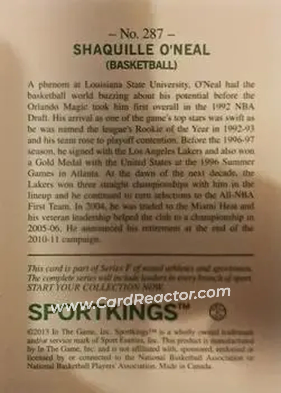 2013 Sportkings Series F #287 - Shaquille O'Neal - Back