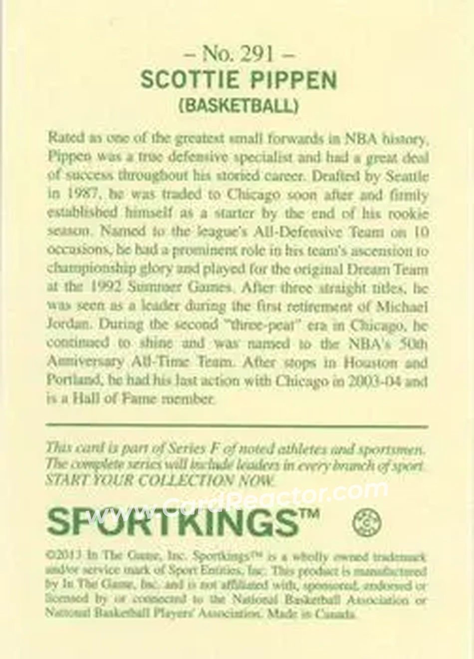2013 Sportkings Series F #291 - Scottie Pippen - Back
