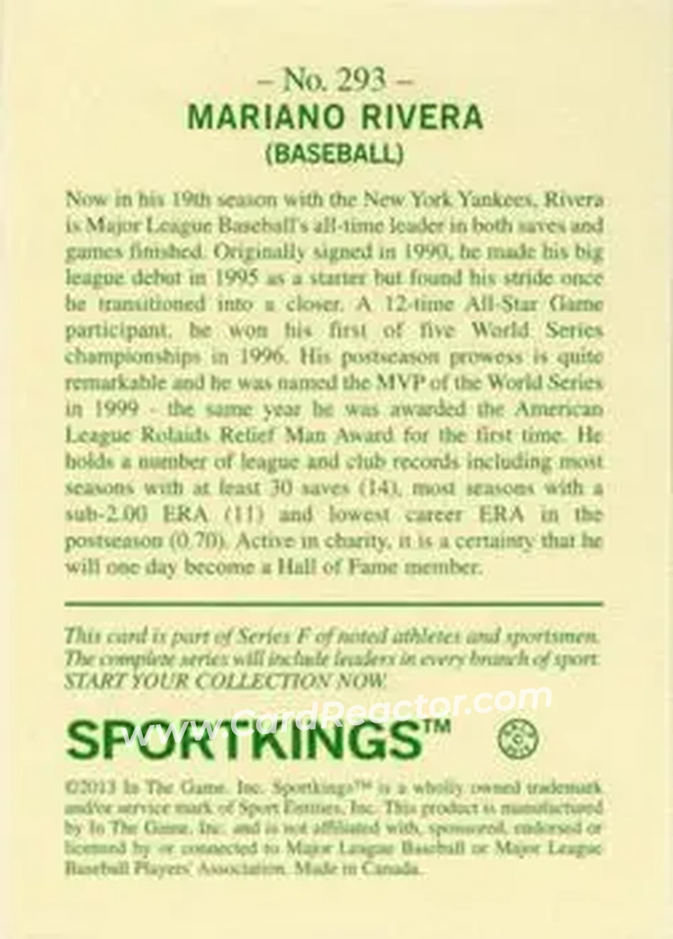 2013 Sportkings Series F #293 - Mariano Rivera - New York Yankees - Back