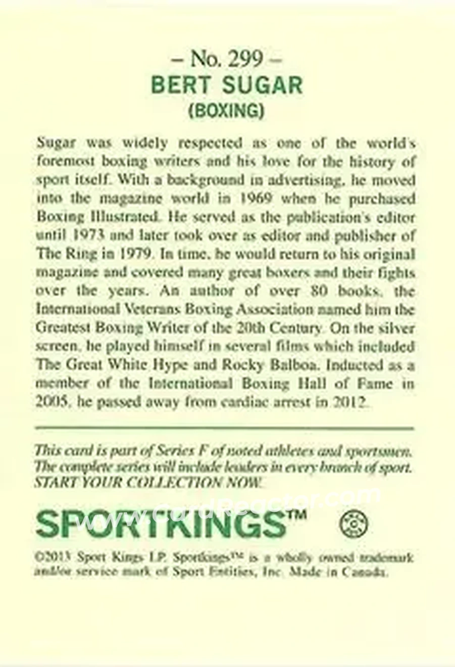 2013 Sportkings Series F #299 - Bert Sugar - Back