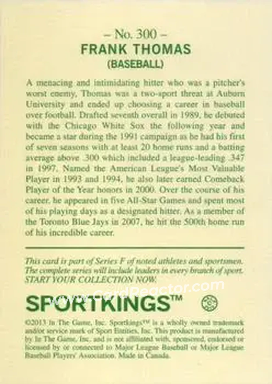2013 Sportkings Series F #300 - Frank Thomas - Chicago White Sox - Back