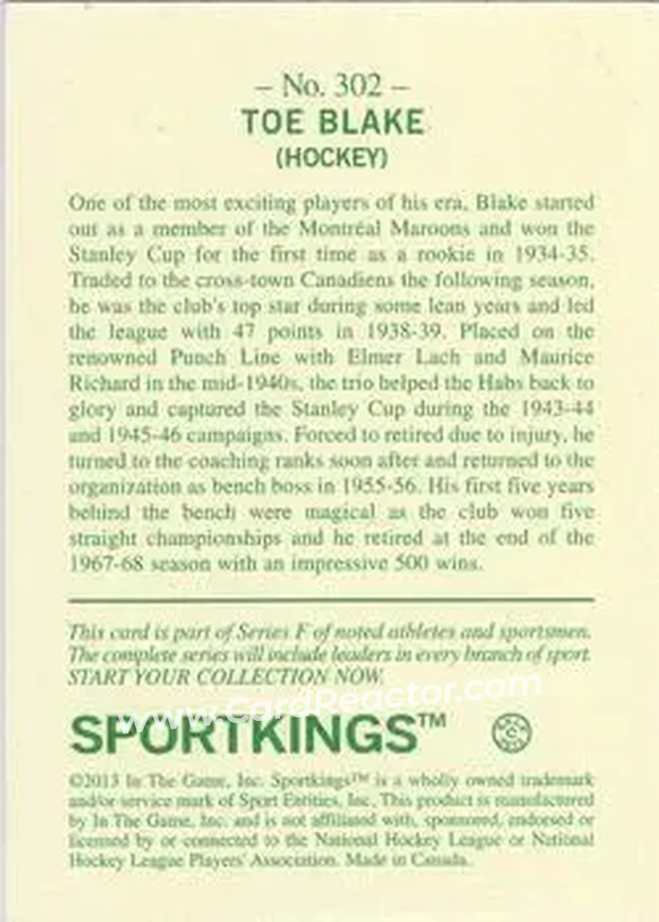 2013 Sportkings Series F #302 - Hector Blake - Montreal Canadiens - Back
