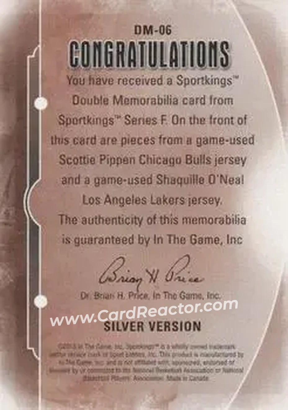 2013 Sportkings Series F - Double Memorabilia Silver #DM-06 - Scottie Pippen - Shaquille O'Neal MEM - Back