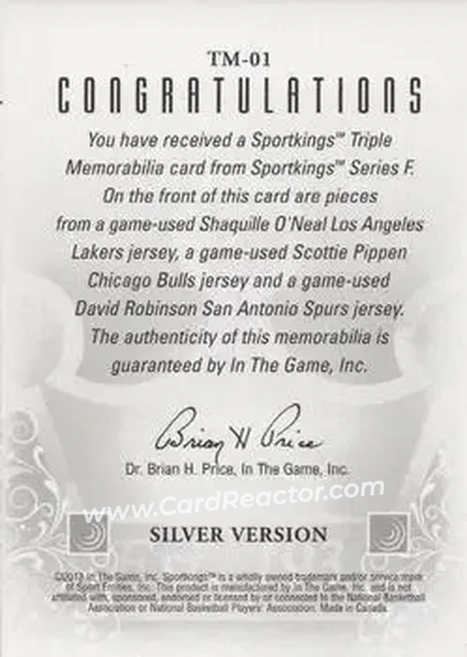 2013 Sportkings Series F - Triple Memorabilia Silver #TR-01 - Shaquille O'Neal - Scottie Pippen - David Robinson MEM, PR40 - Back