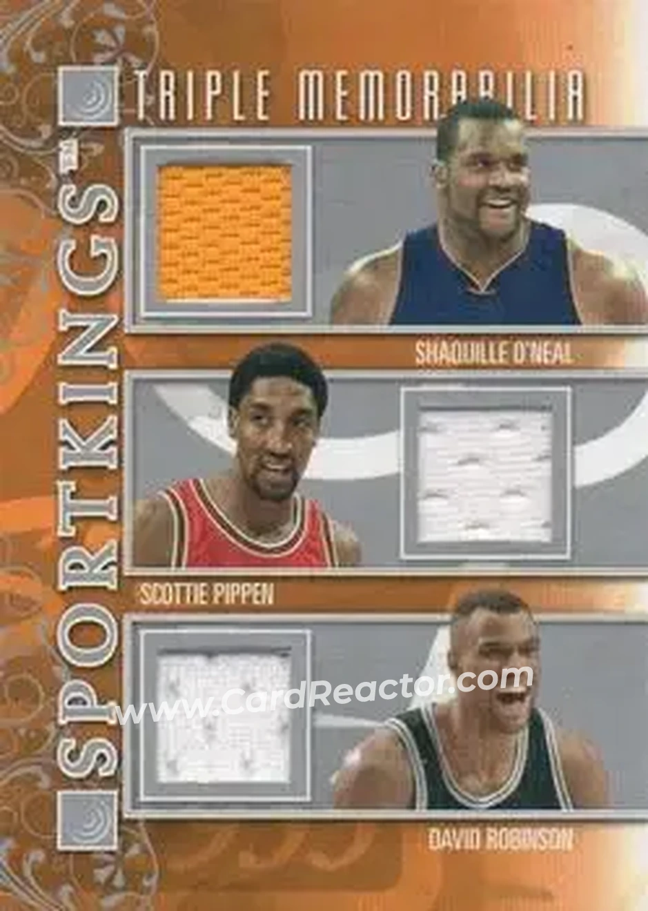 2013 Sportkings Series F - Triple Memorabilia Silver #TR-01 - Shaquille O'Neal - Scottie Pippen - David Robinson MEM, PR40 - Front