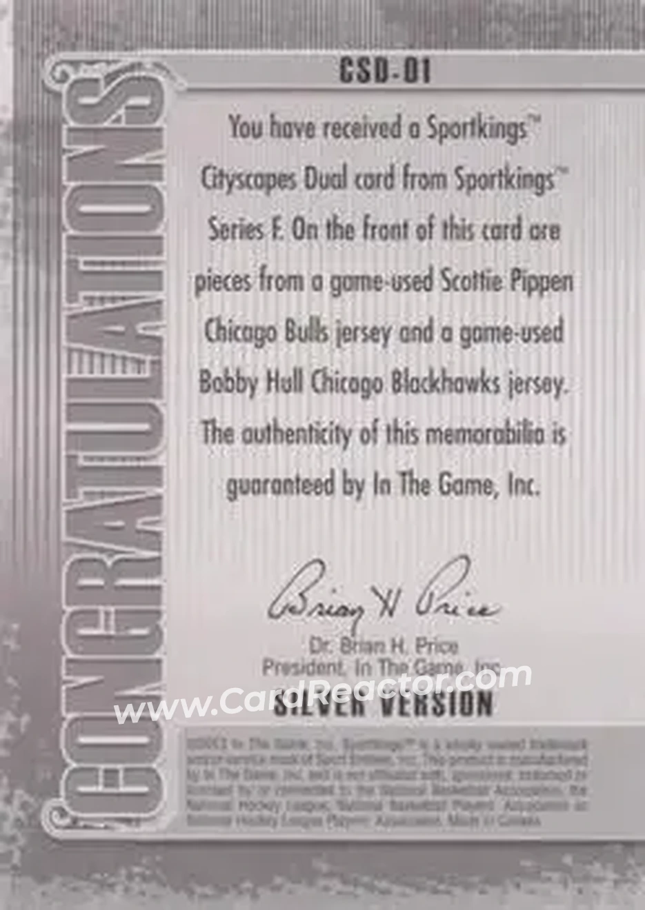 2013 Sportkings Series F - Cityscapes Double Silver #CSD-01 - Scottie Pippen - Bobby Hull MEM, PR40 - Chicago Bulls - Chicago Blackhawks - Back