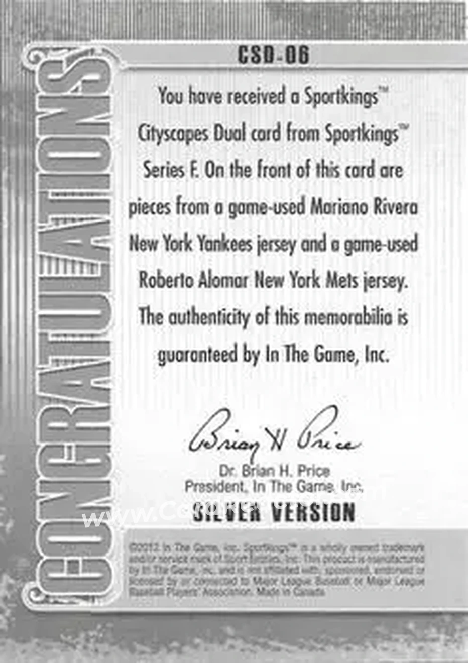 2013 Sportkings Series F - Cityscapes Double Silver #CSD-06 - Mariano Rivera - Roberto Alomar MEM, PR40 - New York Yankees - New York Mets - Back
