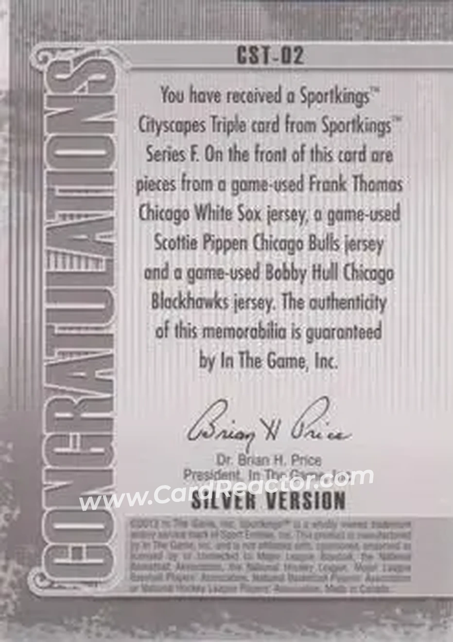 2013 Sportkings Series F - Cityscapes Triple Silver #CST-02 - Frank Thomas - Scottie Pippen - Bobby Hull MEM, PR30 - Chicago White Sox - Chicago Bulls - Chicago Blackhawks - Back
