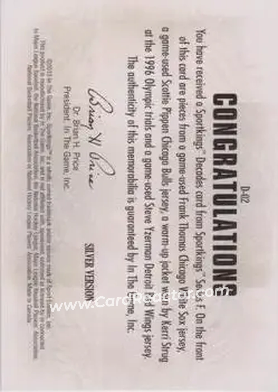 2013 Sportkings Series F - Decades Silver #D-02 - Frank Thomas - Scottie Pippen - Kerri Strug - Steve Yzerman MEM, PR40 - Back