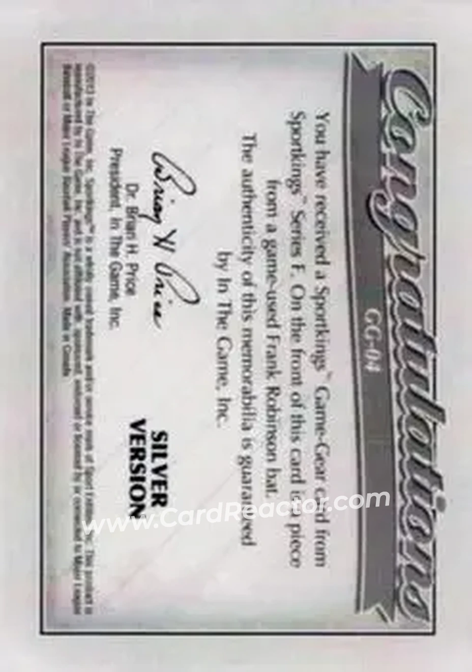 2013 Sportkings Series F - Game-Gear Memorabilia Silver #GG-04 - Frank Robinson - Baltimore Orioles - Back 2013 Sportkings Series F - Game-Gear Memorabilia Silver #GG-04 - Frank Robinson - Baltimore Orioles - Back