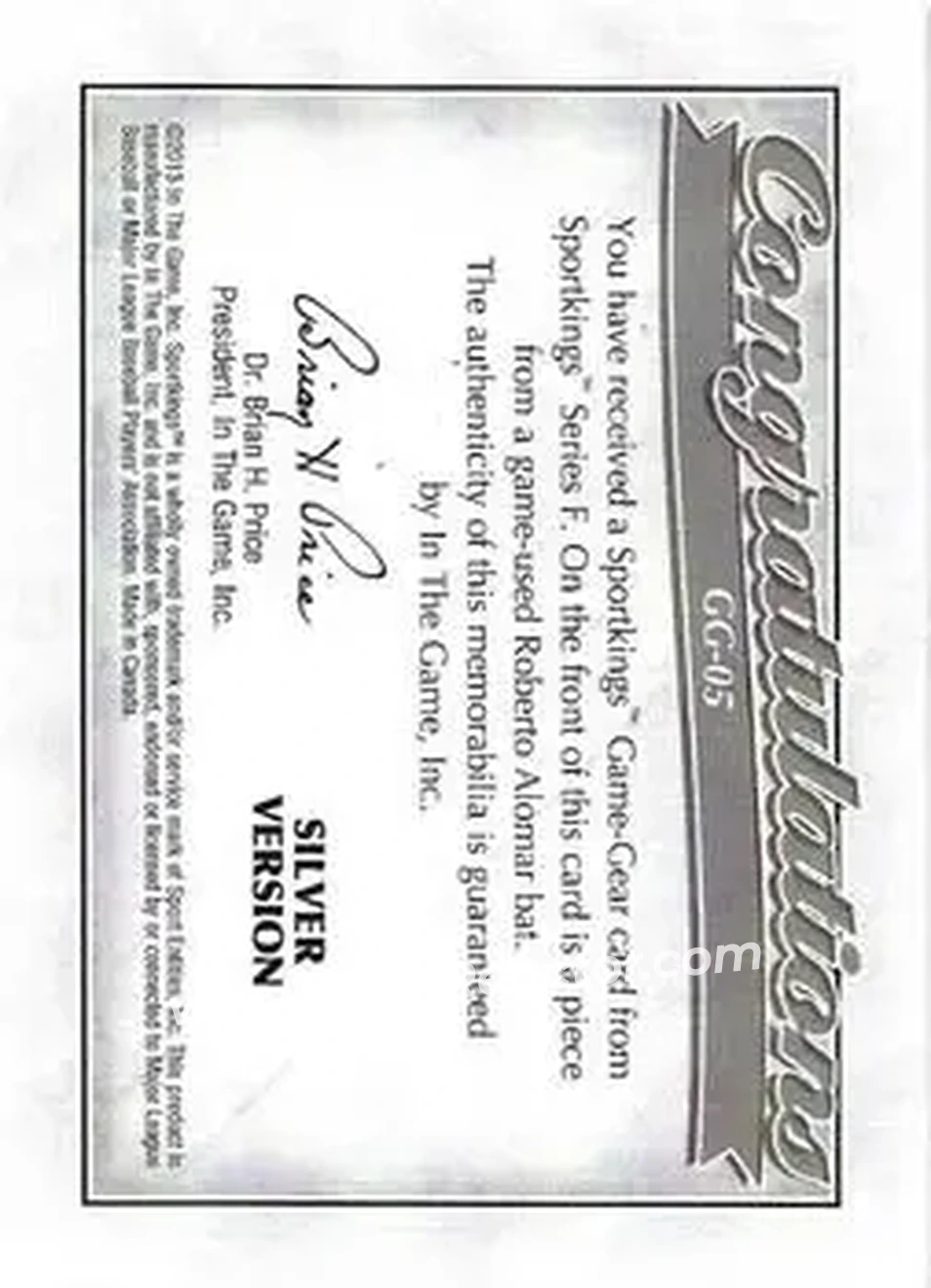 2013 Sportkings Series F - Game-Gear Memorabilia Silver #GG-05 - Roberto Alomar - Toronto Blue Jays - Back