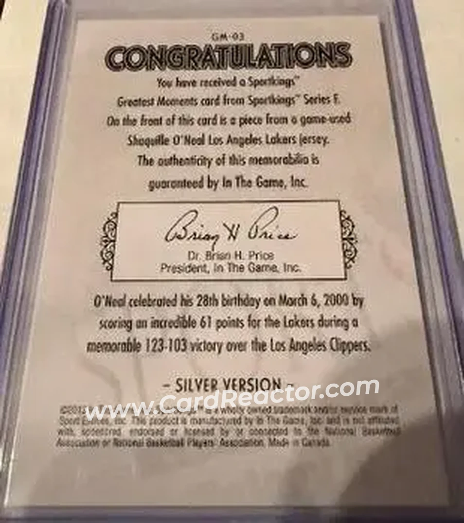 2013 Sportkings Series F - Greatest Moments Memorabilia Silver #GM-03 - Shaquille O'Neal - Back 2013 Sportkings Series F - Greatest Moments Memorabilia Silver #GM-03 - Shaquille O'Neal - Back