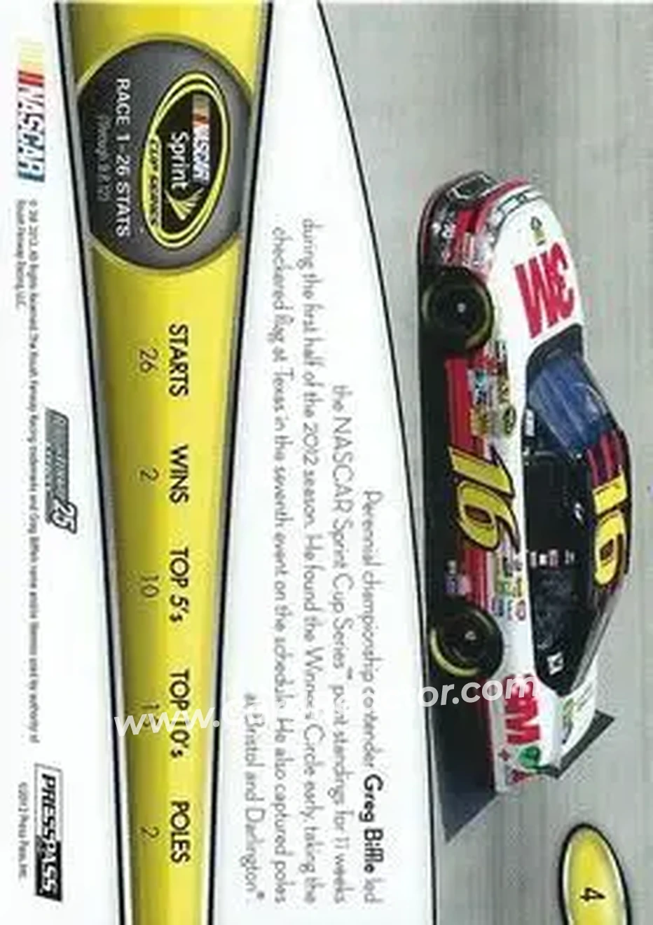 2013 Press Pass #4 - Greg Biffle - Roush Fenway Racing - Back