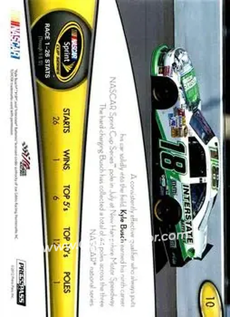 2013 Press Pass #10 - Kyle Busch - Joe Gibbs Racing - Back
