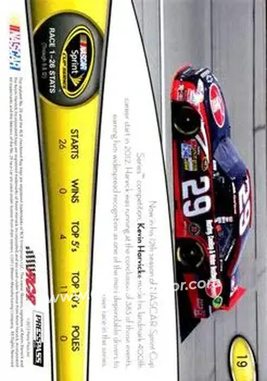 2013 Press Pass #19 - Kevin Harvick - Richard Childress Racing - Back