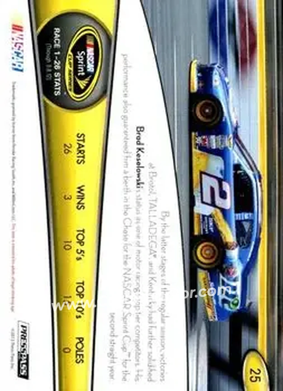 2013 Press Pass #25 - Brad Keselowski - Penske Racing South - Back