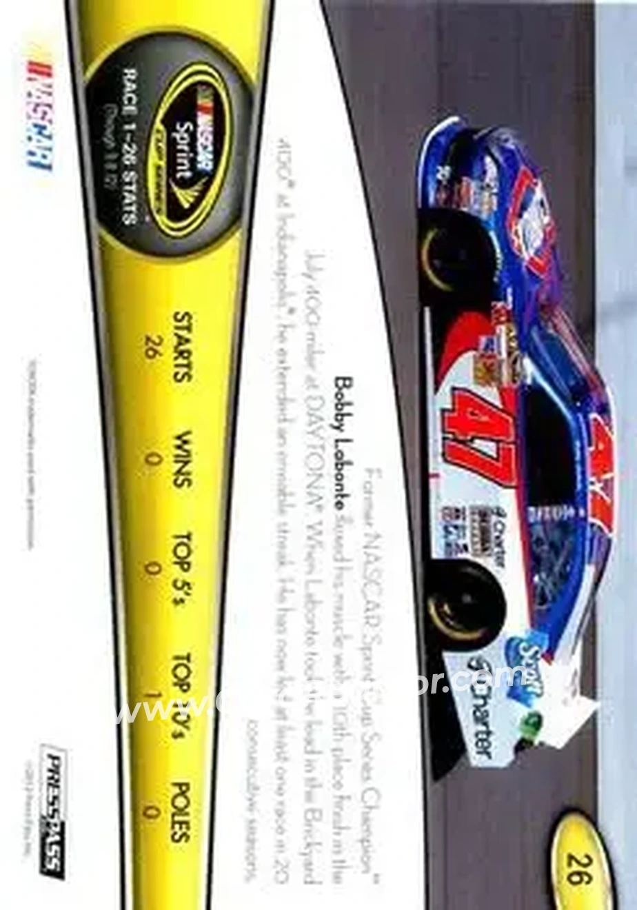 2013 Press Pass #26 - Bobby Labonte - JTG Daugherty Racing - Back