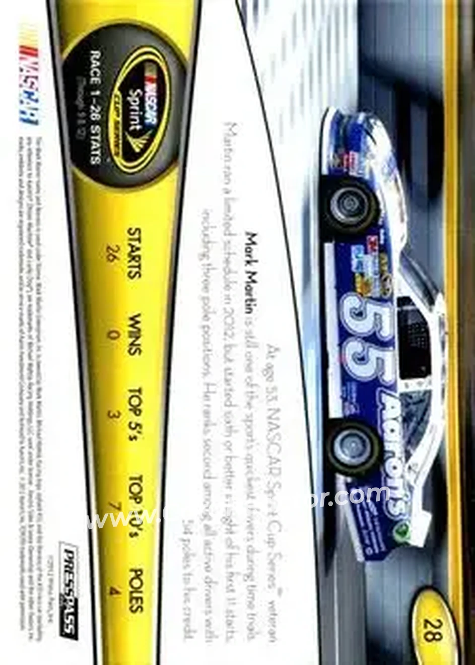 2013 Press Pass #28 - Mark Martin - Michael Waltrip Racing - Back