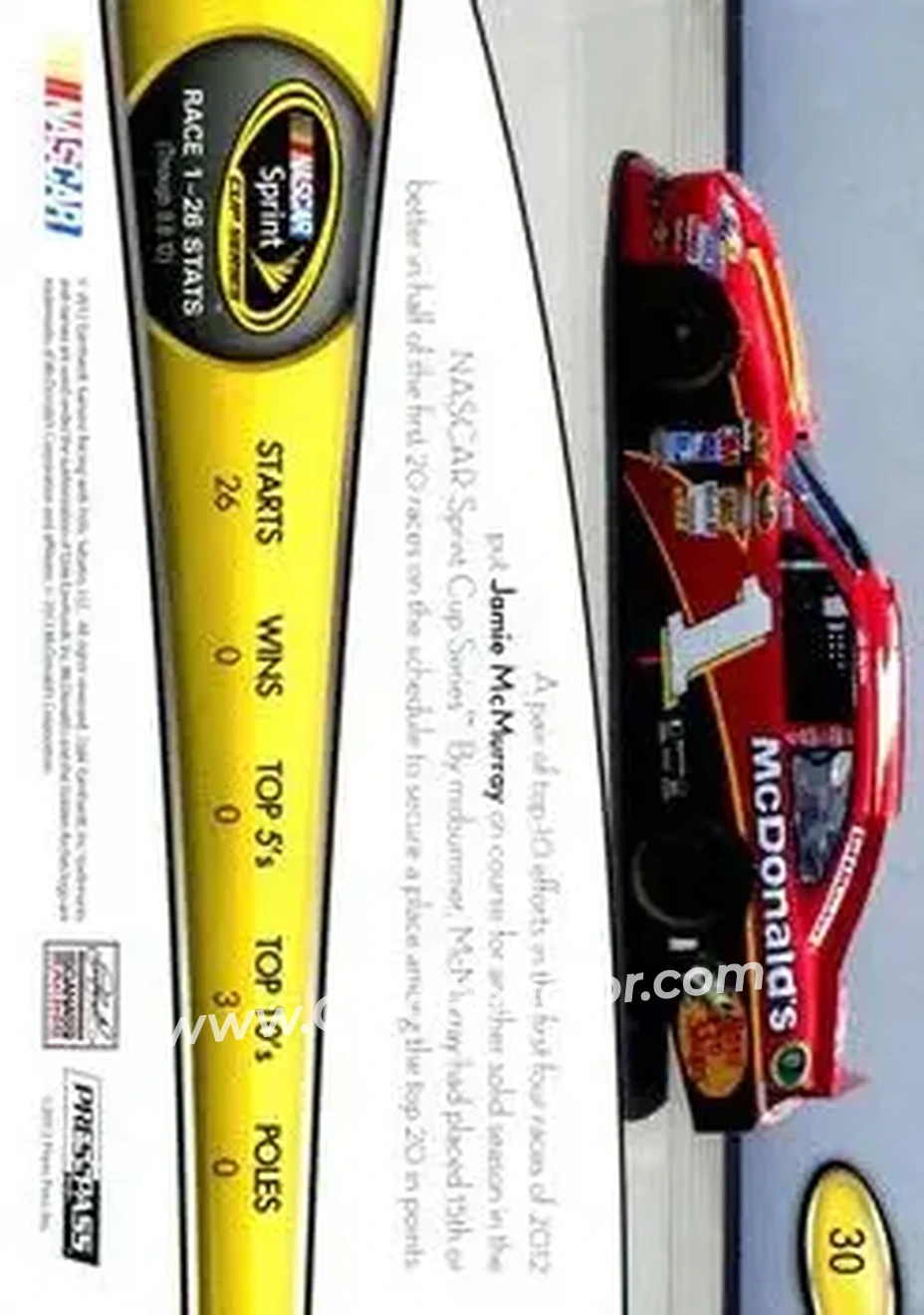 2013 Press Pass #30 - Jamie McMurray - Earnhardt-Ganassi Racing - Back