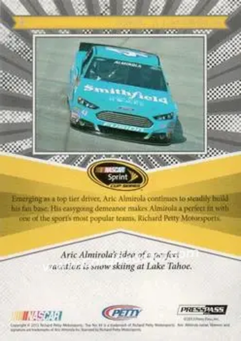 2013 Press Pass Fanfare #1 - Aric Almirola - Richard Petty Motorsports - Back