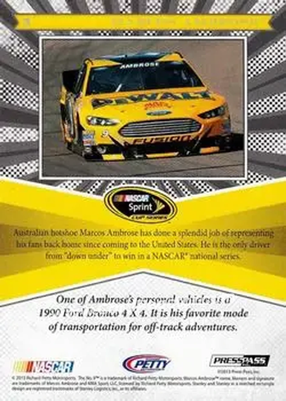 2013 Press Pass Fanfare #3 - Marcos Ambrose - Richard Petty Motorsports - Back