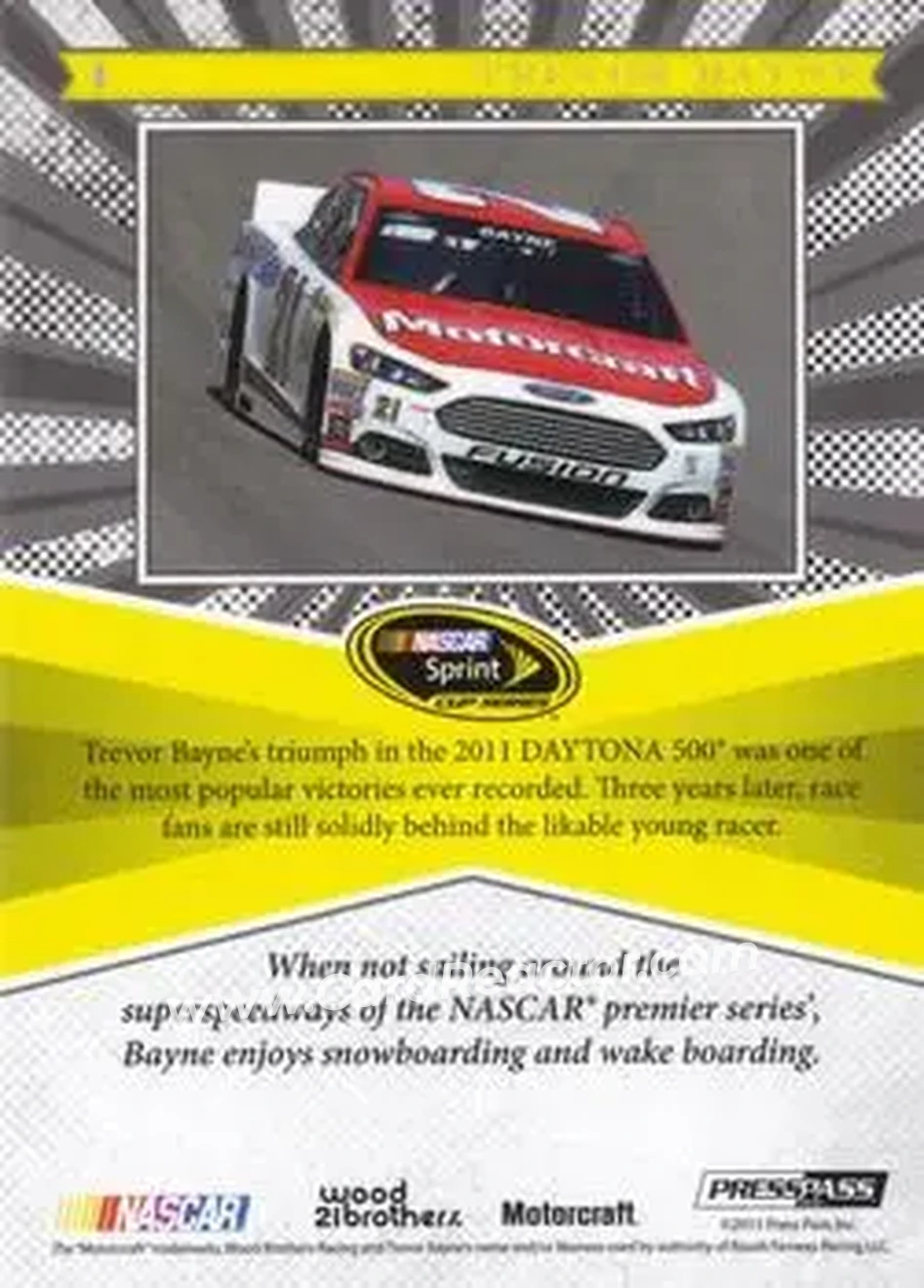 2013 Press Pass Fanfare #4 - Trevor Bayne - Wood Brothers Racing - Back