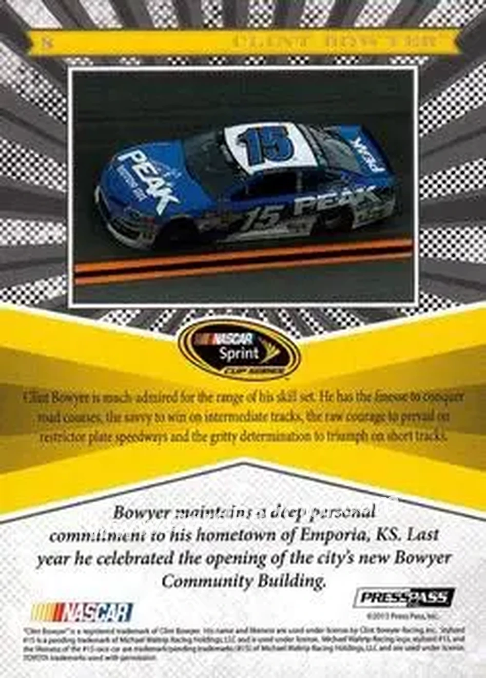 2013 Press Pass Fanfare #8 - Clint Bowyer - Michael Waltrip Racing - Back
