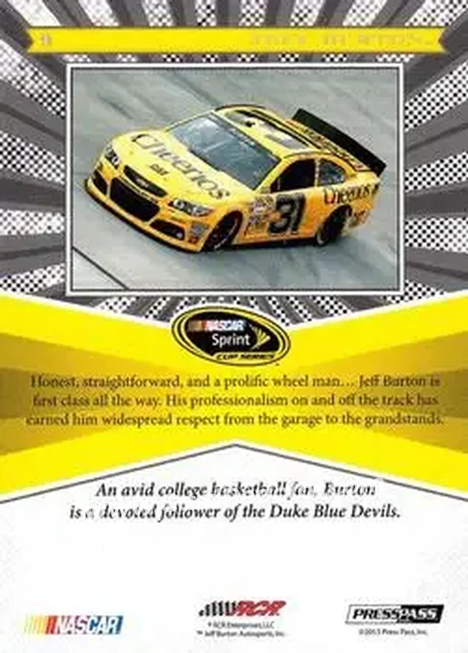 2013 Press Pass Fanfare #9 - Jeff Burton - Richard Childress Racing - Back