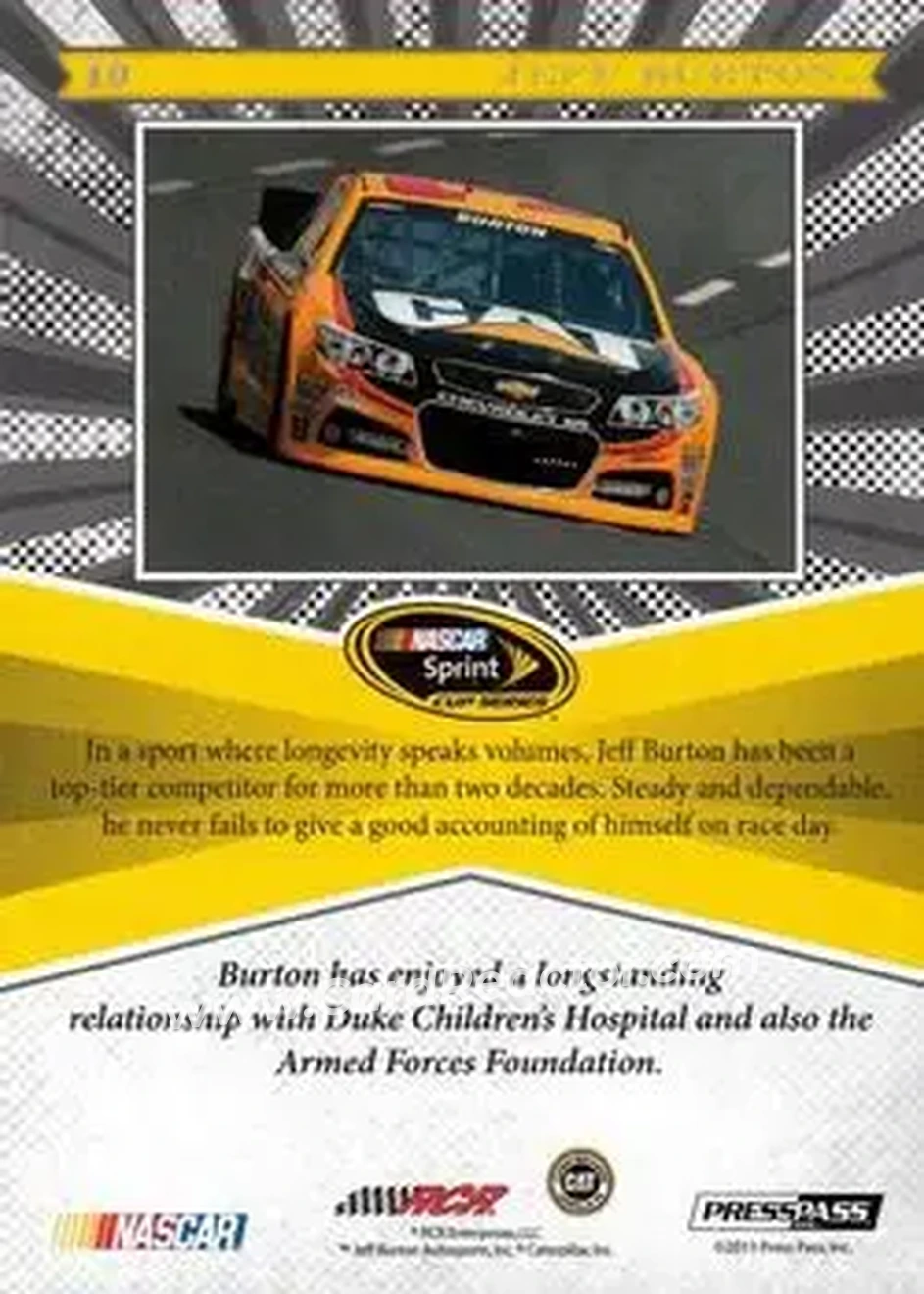 2013 Press Pass Fanfare #10 - Jeff Burton - Richard Childress Racing - Back