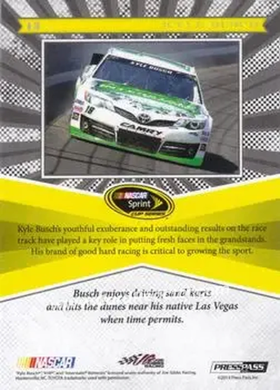 2013 Press Pass Fanfare #13 - Kyle Busch - Joe Gibbs Racing - Back