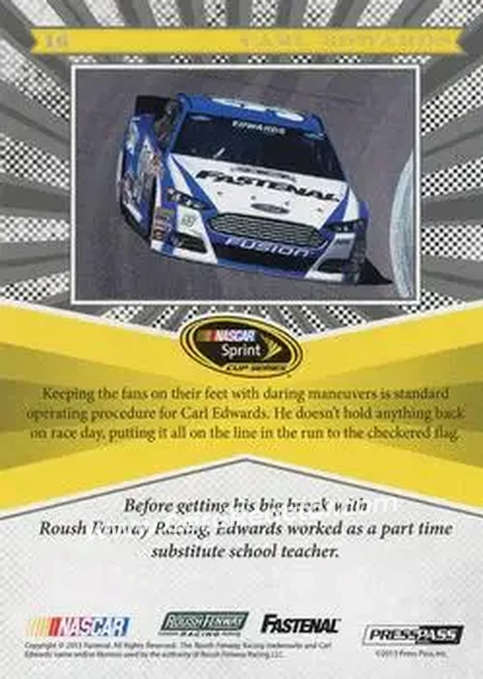 2013 Press Pass Fanfare #16 - Carl Edwards - Roush Fenway Racing - Back