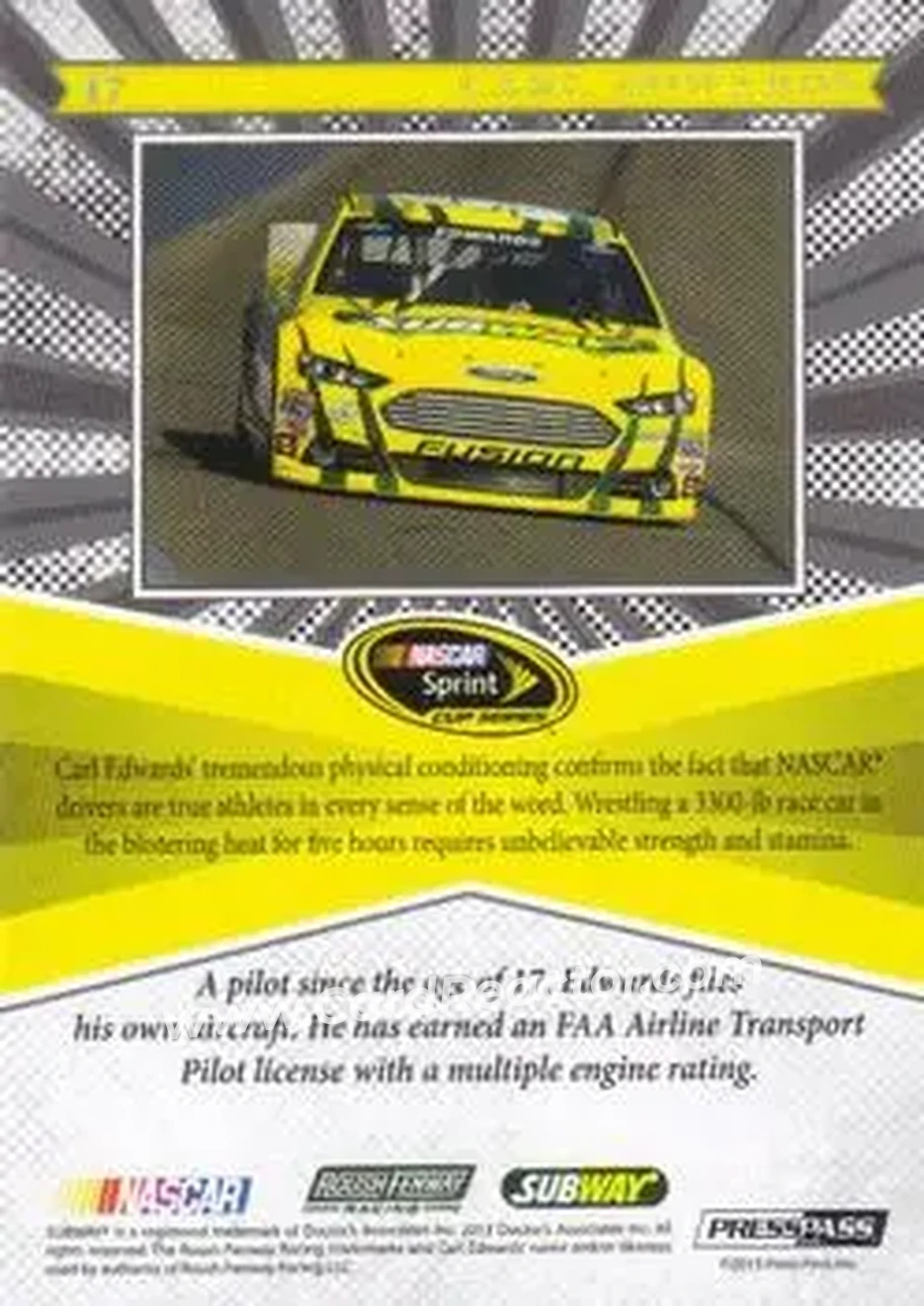 2013 Press Pass Fanfare #17 - Carl Edwards - Roush Fenway Racing - Back
