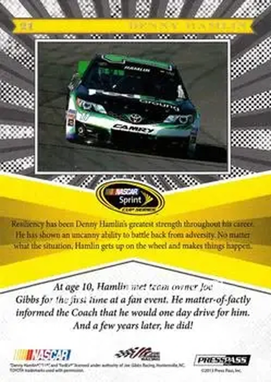 2013 Press Pass Fanfare #21 - Denny Hamlin - Joe Gibbs Racing - Back