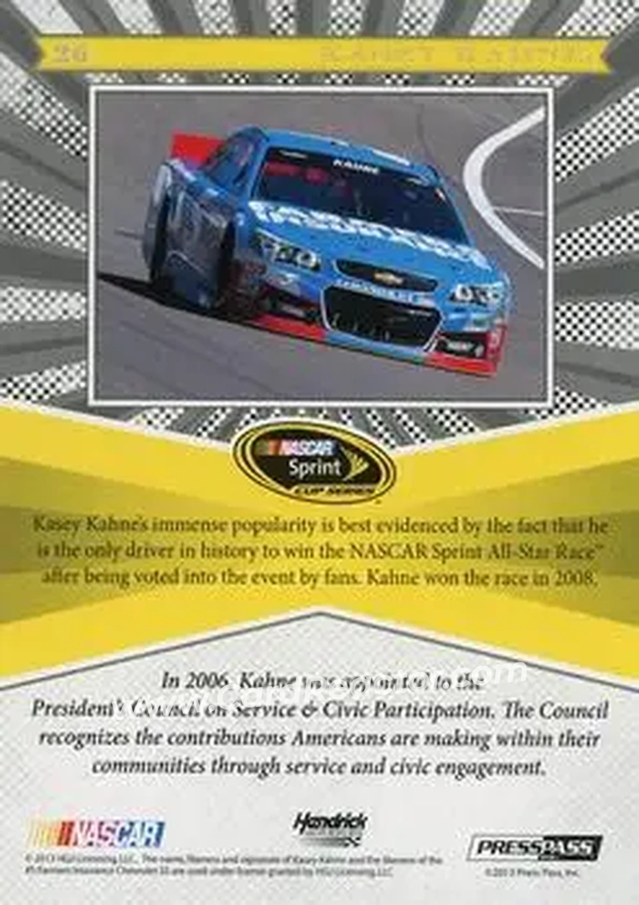 2013 Press Pass Fanfare #26 - Kasey Kahne - Hendrick Motorsports - Back