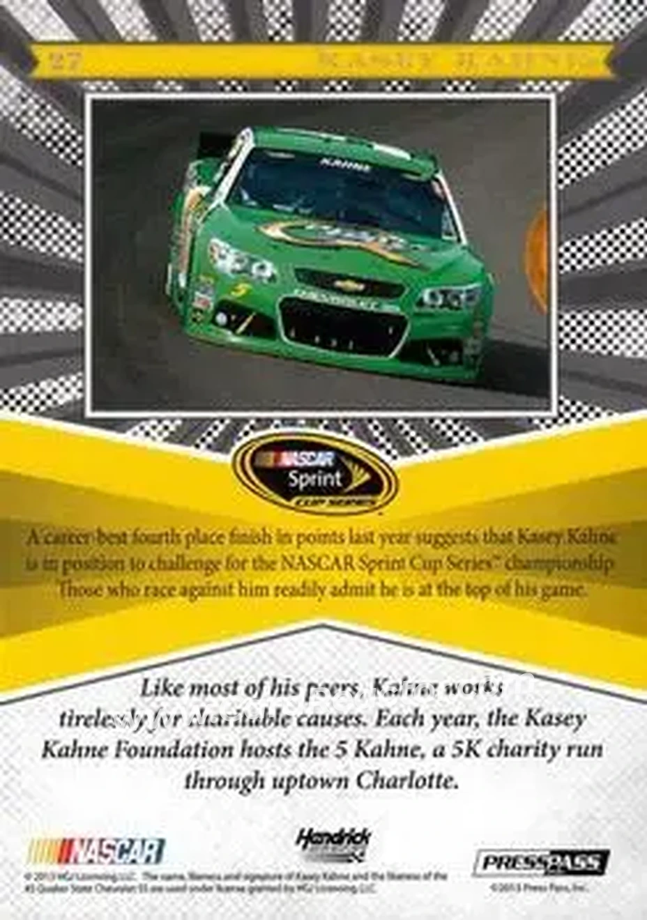 2013 Press Pass Fanfare #27 - Kasey Kahne - Hendrick Motorsports - Back
