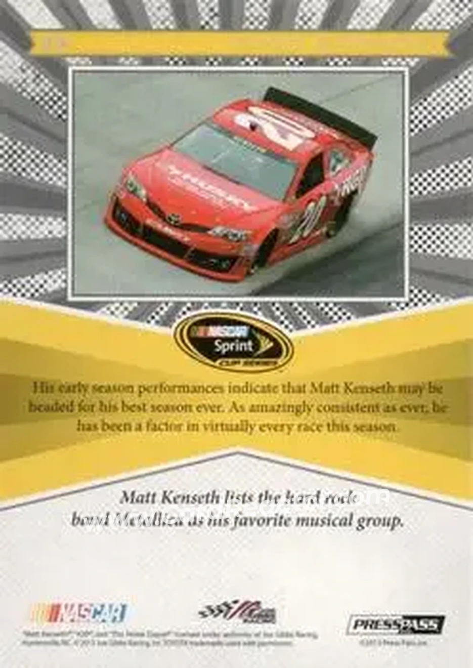 2013 Press Pass Fanfare #29 - Matt Kenseth - Joe Gibbs Racing - Back
