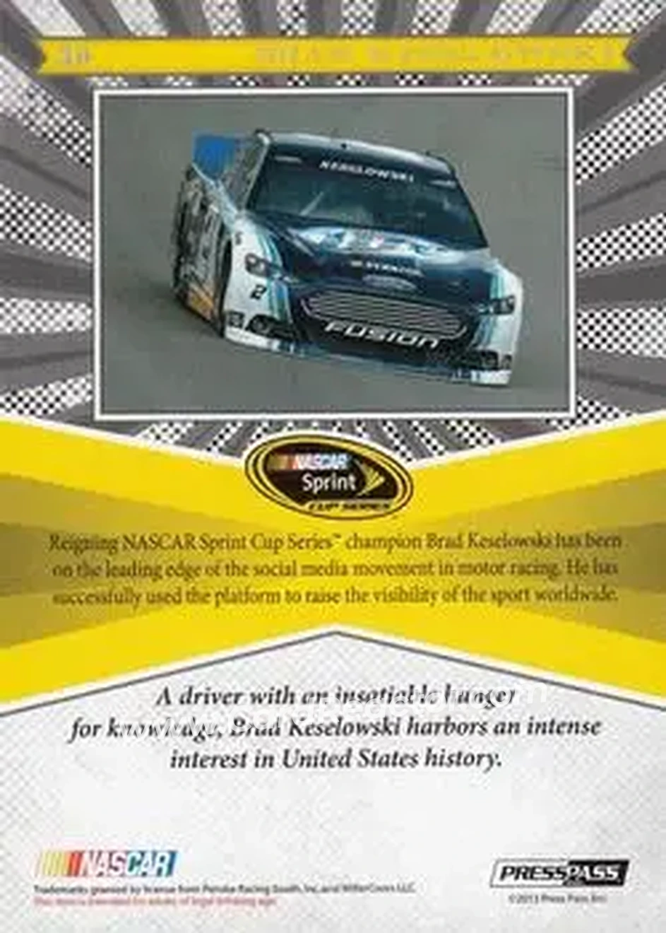 2013 Press Pass Fanfare #30 - Brad Keselowski - Penske Racing South - Back