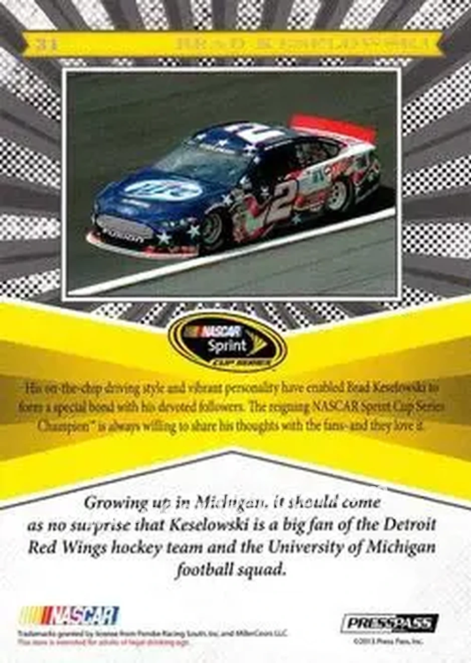 2013 Press Pass Fanfare #31 - Brad Keselowski - Penske Racing South - Back