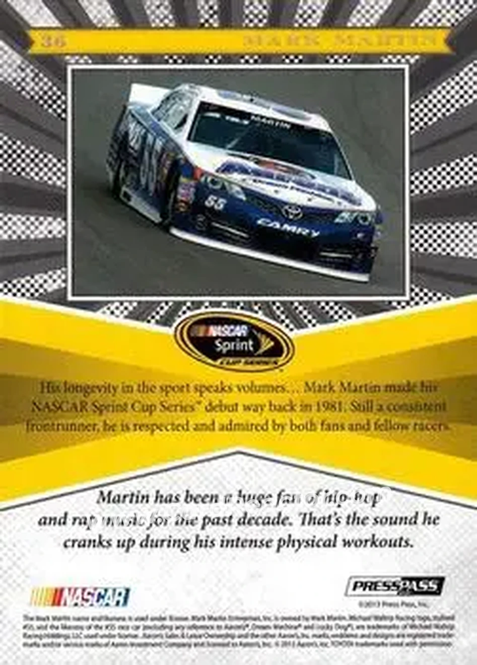 2013 Press Pass Fanfare #36 - Mark Martin - Michael Waltrip Racing - Back