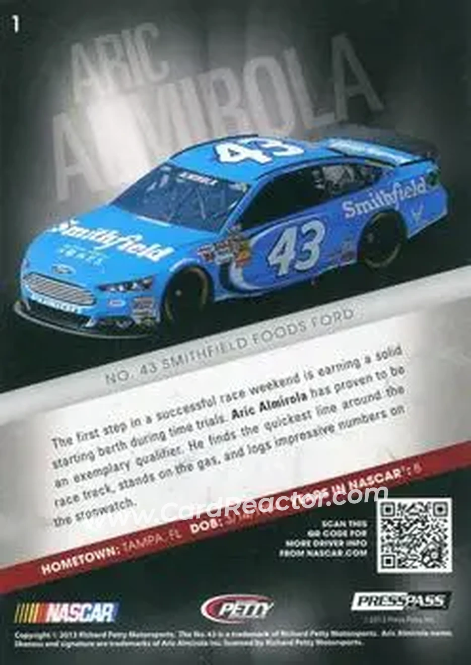 2013 Press Pass Redline #1 - Aric Almirola - Richard Petty Motorsports - Back
