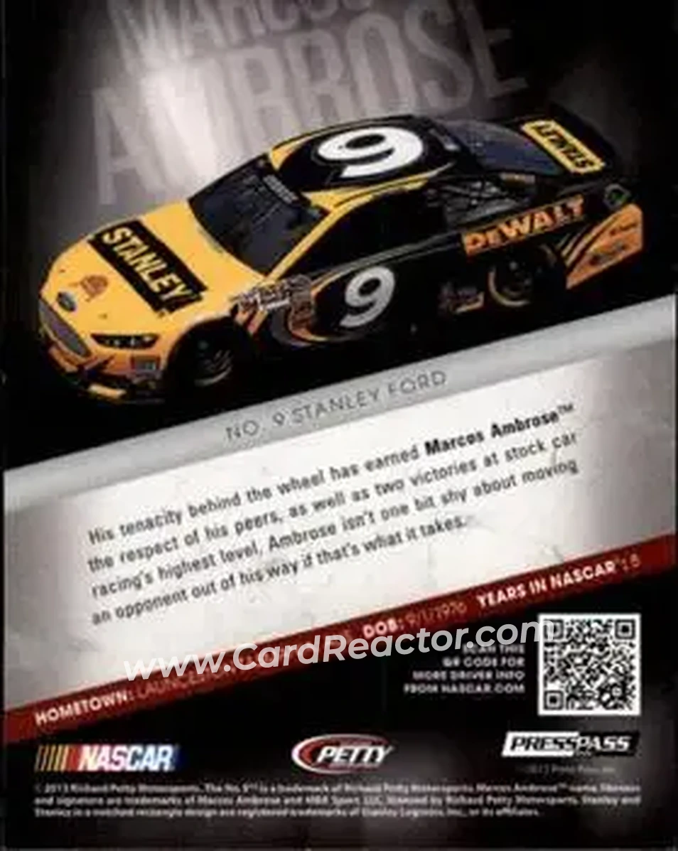 2013 Press Pass Redline #3 - Marcos Ambrose - Richard Petty Motorsports - Back