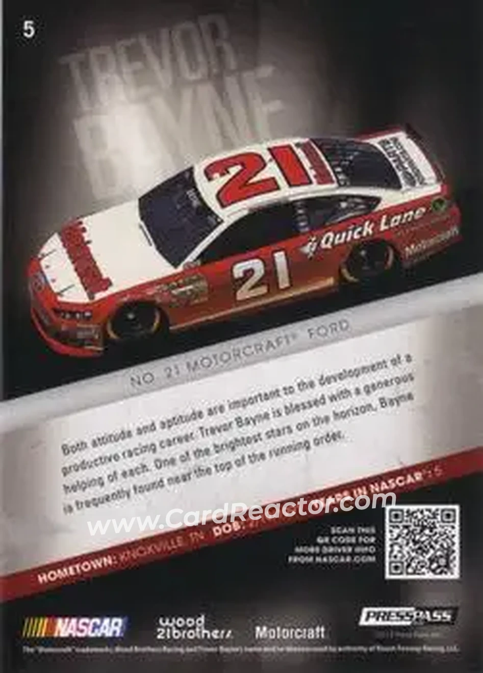 2013 Press Pass Redline #5 - Trevor Bayne - Wood Brothers Racing - Back