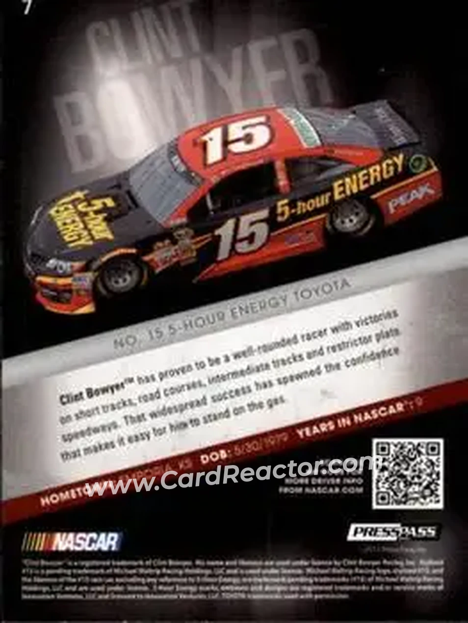 2013 Press Pass Redline #7 - Clint Bowyer - Michael Waltrip Racing - Back