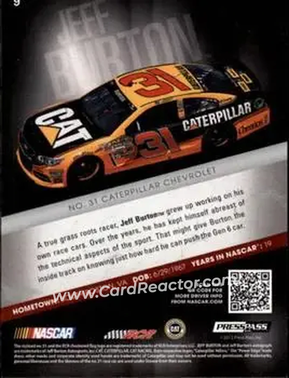 2013 Press Pass Redline #9 - Jeff Burton - Richard Childress Racing - Back