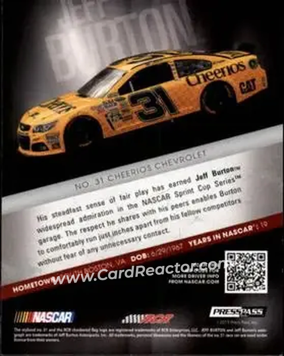 2013 Press Pass Redline #10 - Jeff Burton - Richard Childress Racing - Back