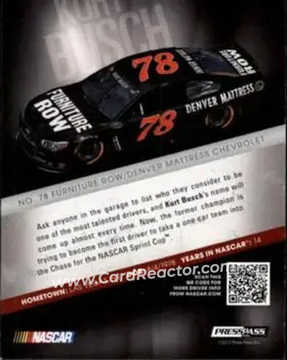 2013 Press Pass Redline #11 - Kurt Busch - Furniture Row Racing - Back